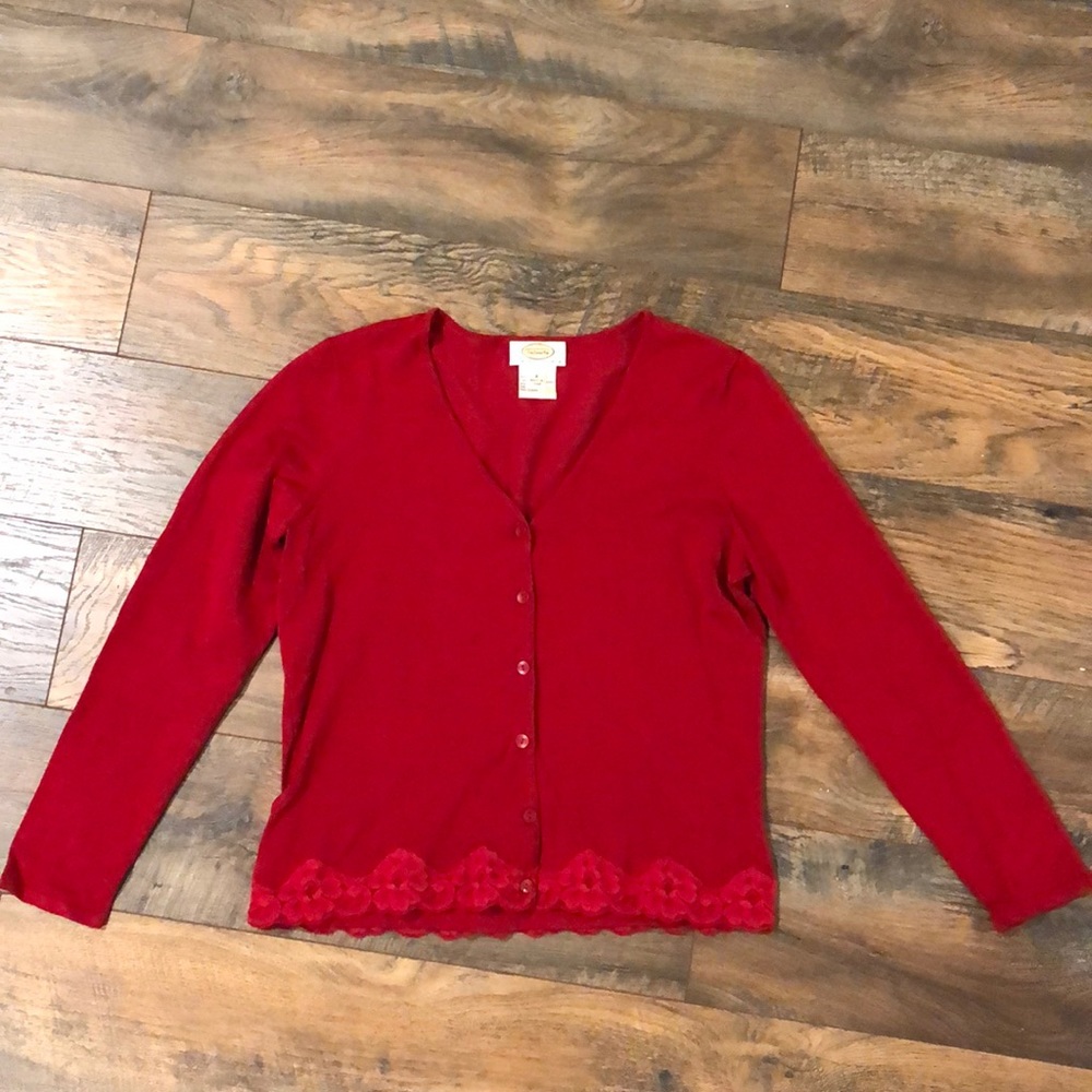 Talbots Red Silk Blend Cardigan with Lace Trim. Size Petite Small.